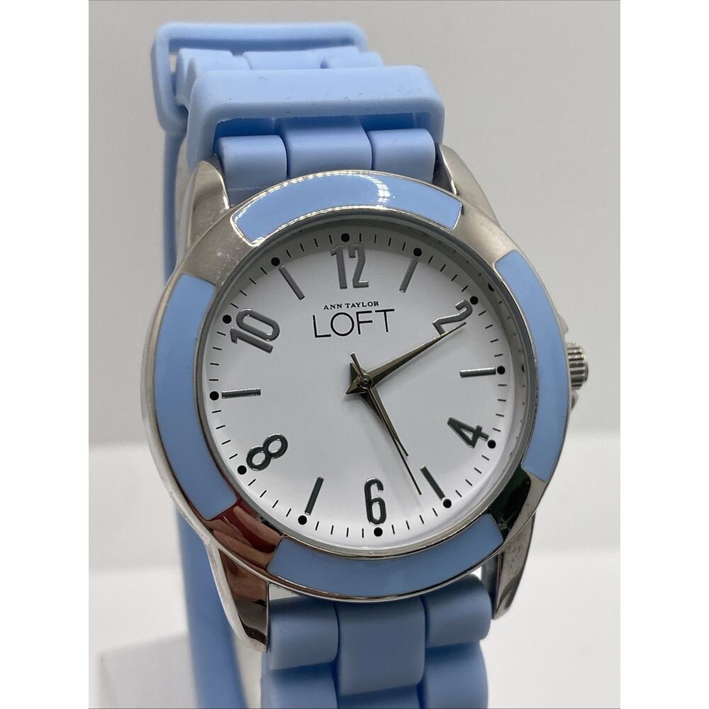 Ann Taylor Loft Womens Baby Blue Silver Tone Rubber Watch Works New Battery